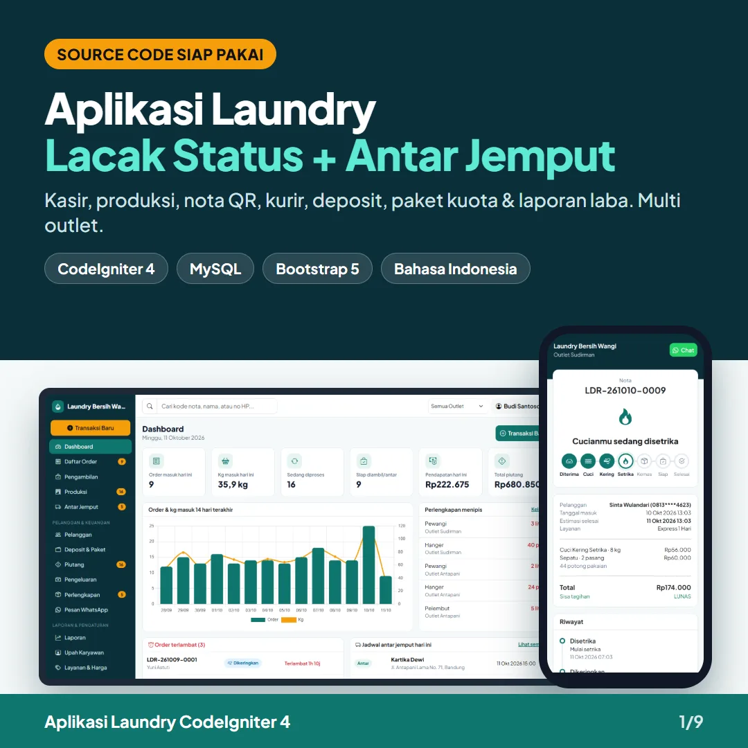 Aplikasi Laundry Lengkap: Kasir, Lacak Status, Antar Jemput (CodeIgniter 4)
