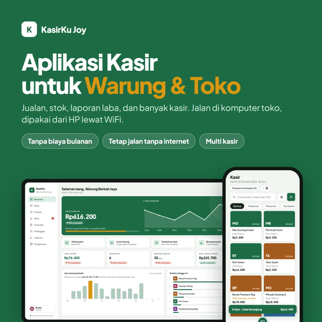 Aplikasi Kasir Warung & Toko KasirKu - PHP MySQL Multi Kasir Offline Source Code Aplikasi Kasir POS PHP CodeIgniter 4 MySQL - Stok, Laporan Laba, Kasbon KasirKu - Aplikasi Kasir Toko Tanpa Biaya Bulanan, Bisa di HP & Komputer