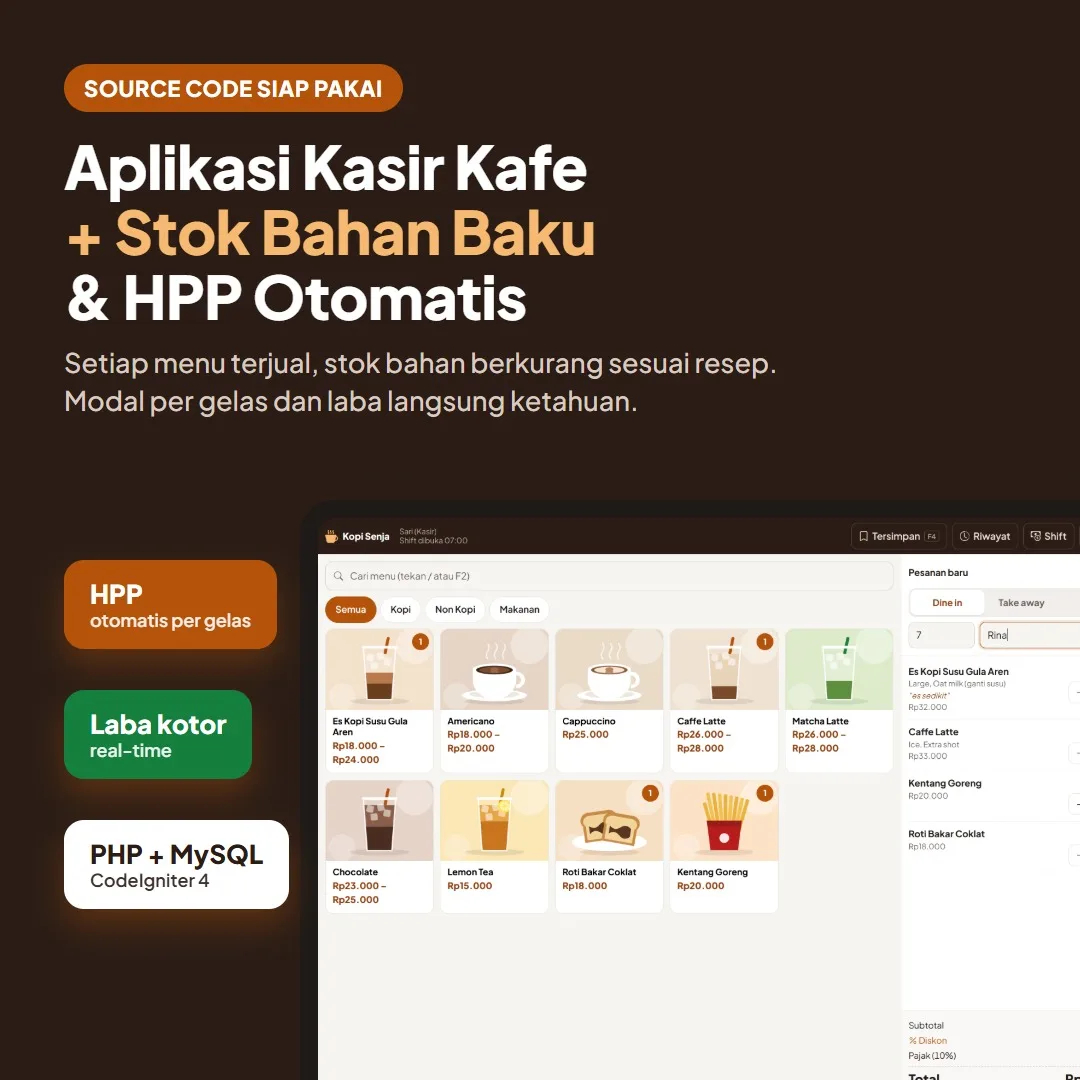 Source Code Aplikasi Kasir Kafe + Stok Bahan Baku & HPP Otomatis