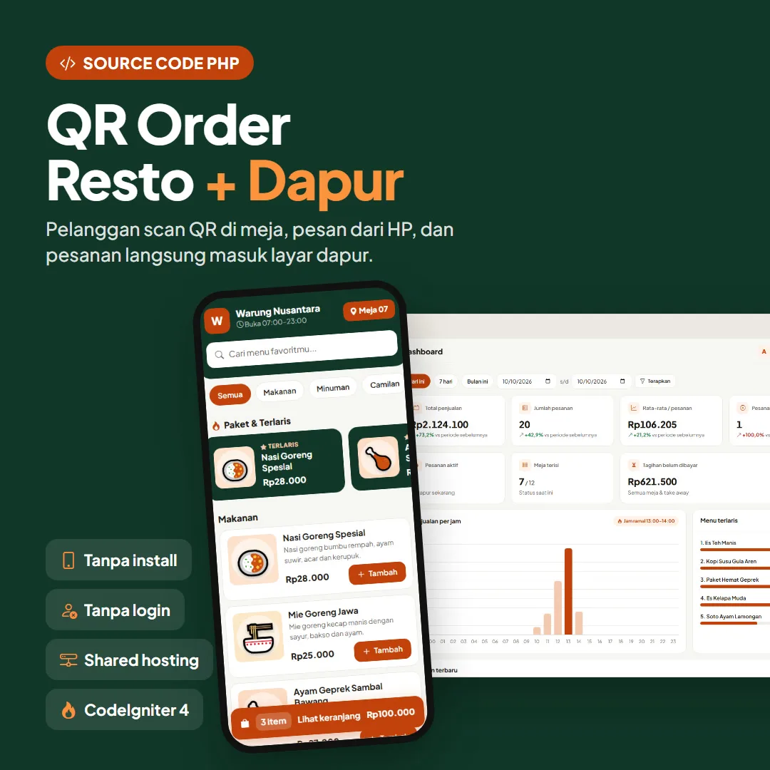 QR Order Resto + Layar Dapur & Kasir – Source Code PHP CodeIgniter 4