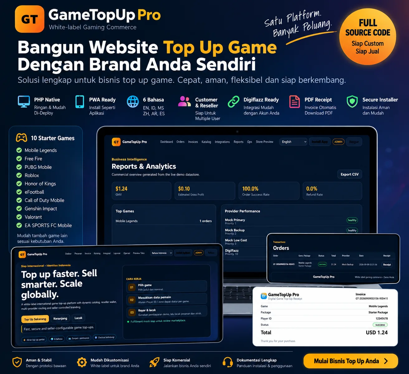 GameTopUp Pro – Website Top Up Game, Reseller & Digiflazz Ready | PWA + 6 Bahasa